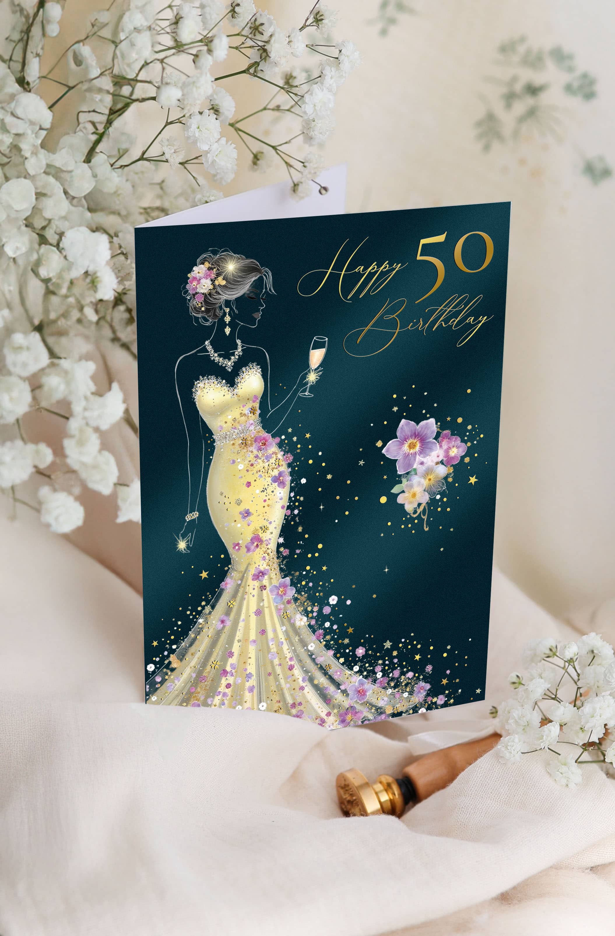 Geburtstagskarte 50 Stardust mit Kuvert und Siegel JoliCoon