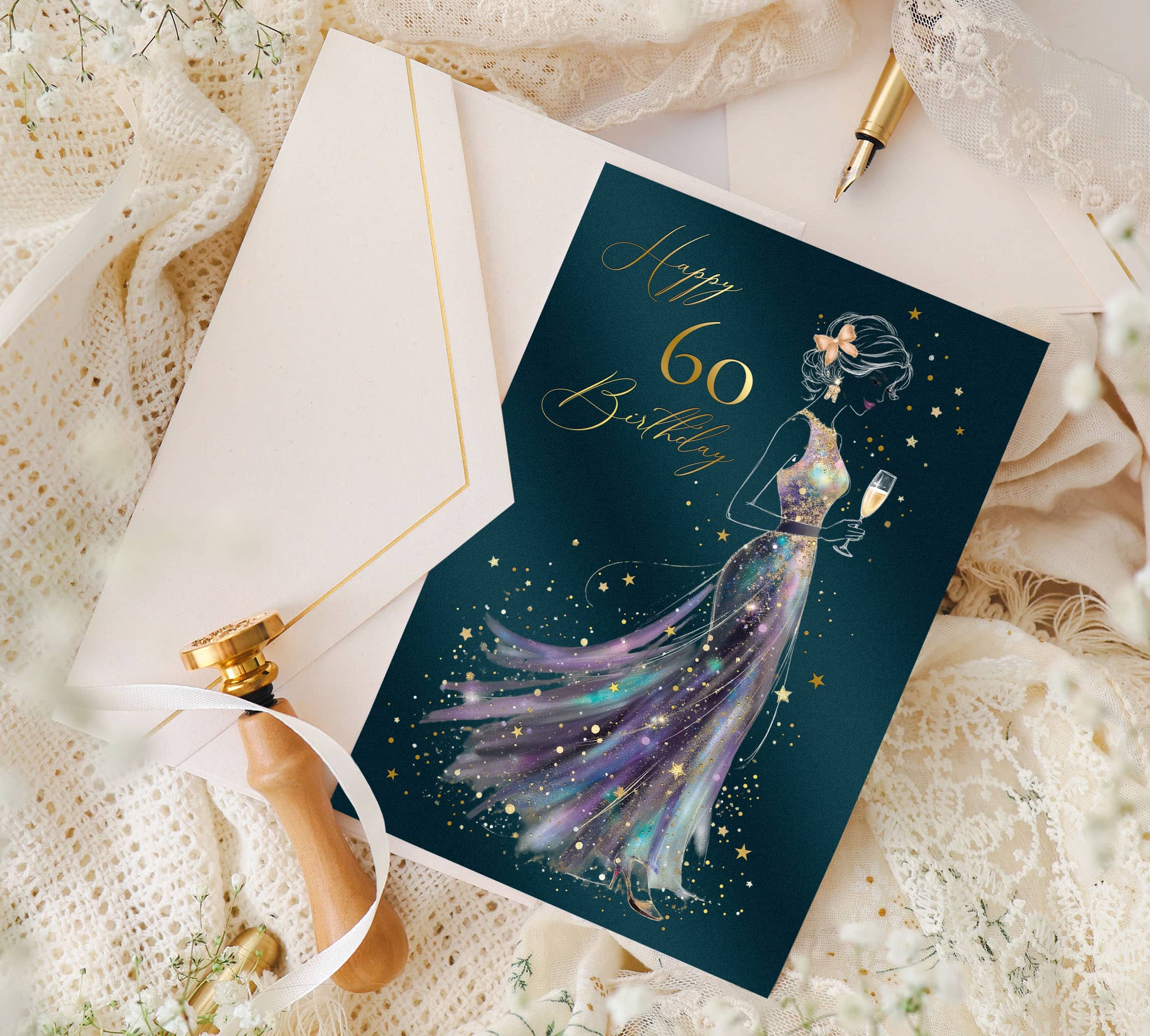 Geburtstagskarte 60 Stardust mit Kuvert und Siegel JoliCoon