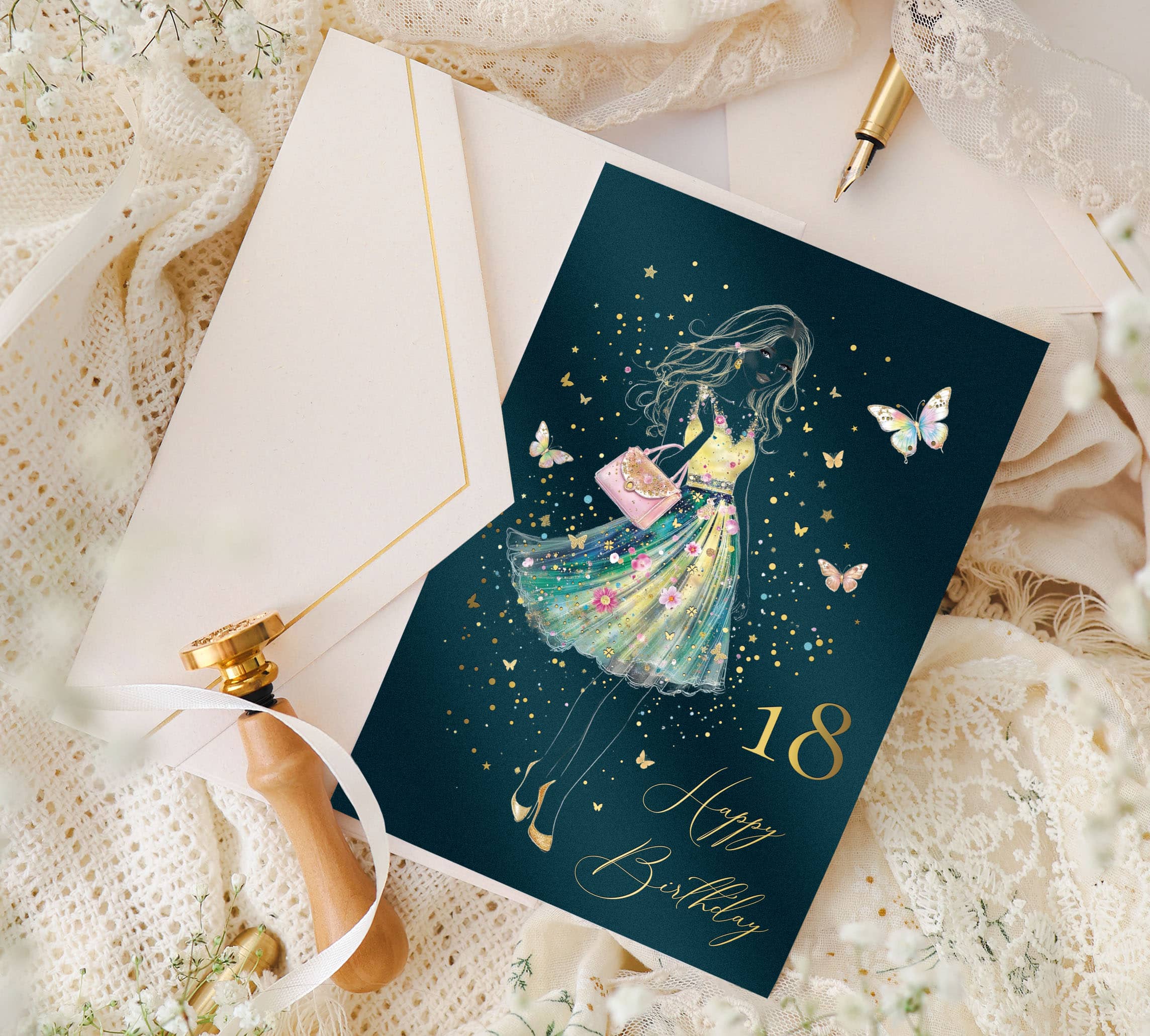 Geburtstagskarte 18 Stardust mit Kuvert und Siegel JoliCoon 