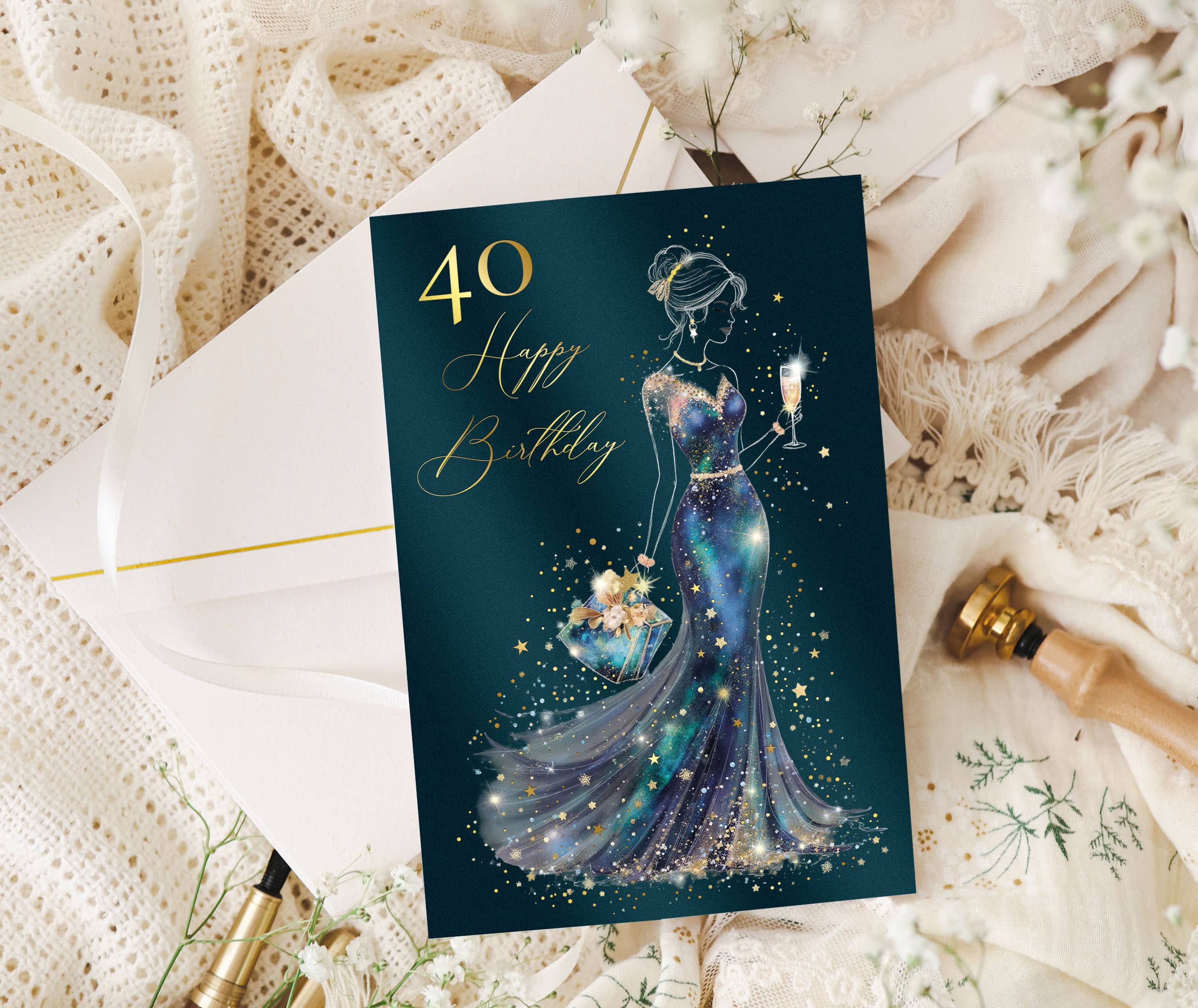 Geburtstagskarte 40 Stardust mit Kuvert und Siegel JoliCoon 