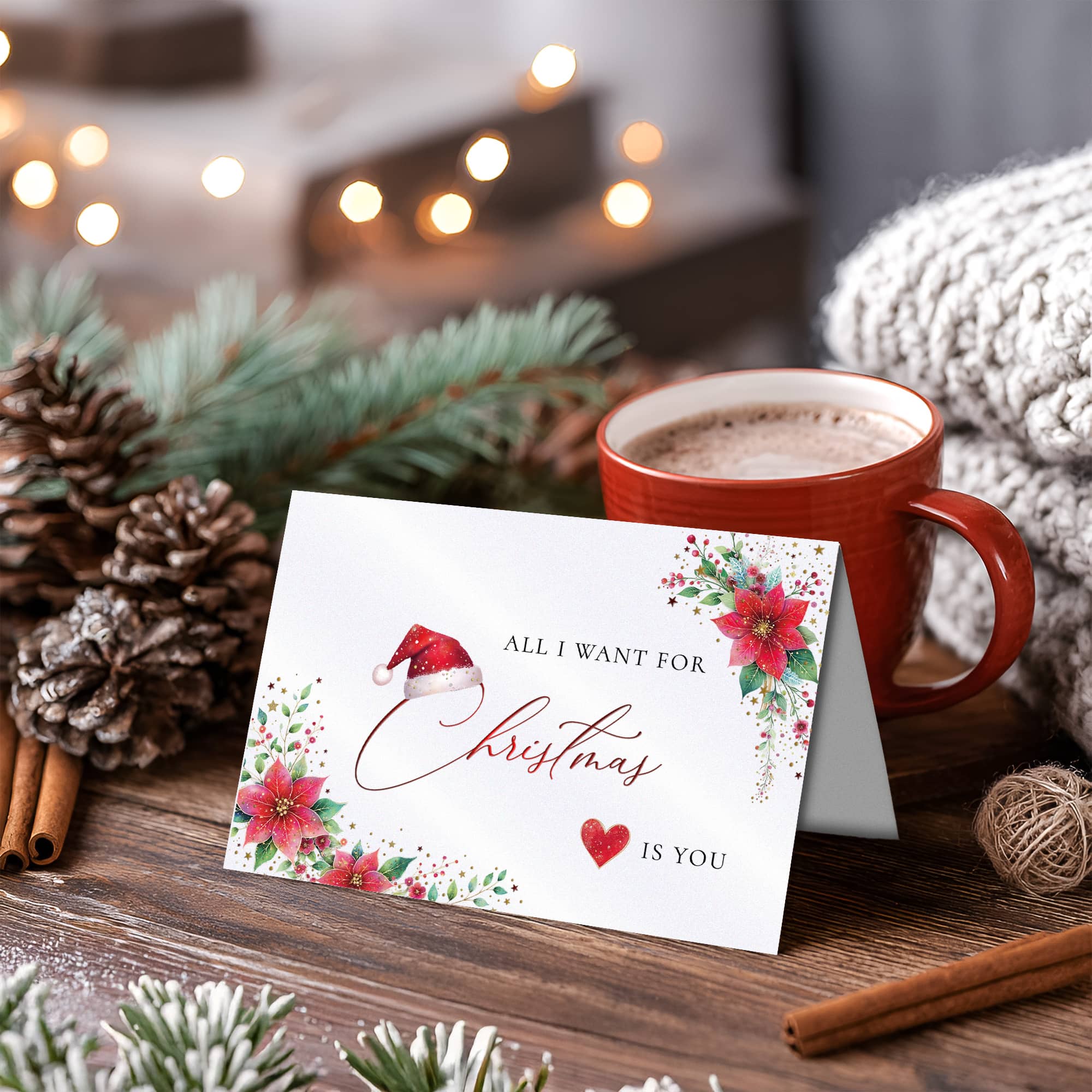 Frohe Weihnachten Karte mit dem Titel All I want for Christmas is You mit Premium Kuvert und Siegelsticker