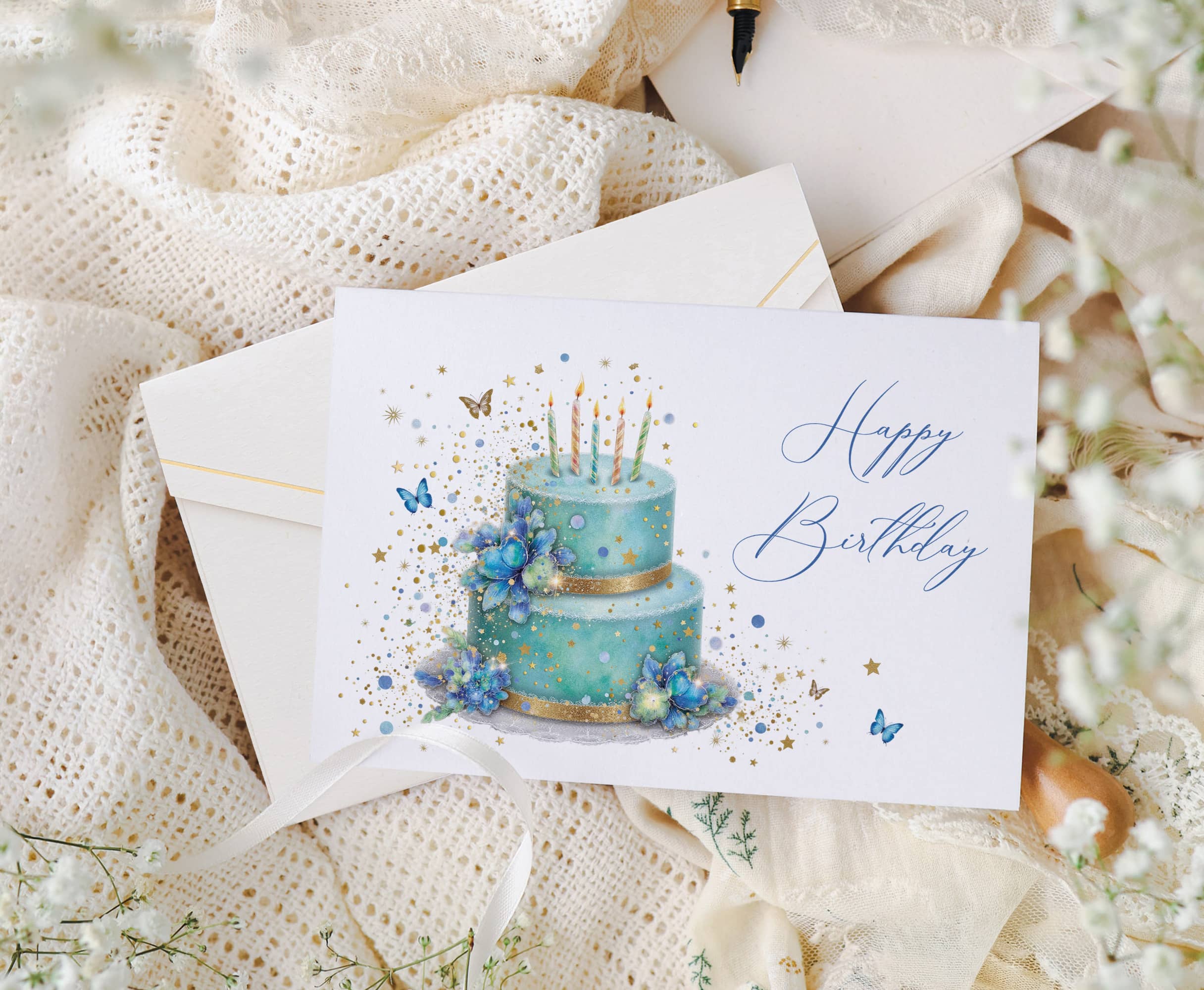 Geburtstagskarte STARDUST Blue Cake Geschenk mit Kuvert und Siegel JoliCoon