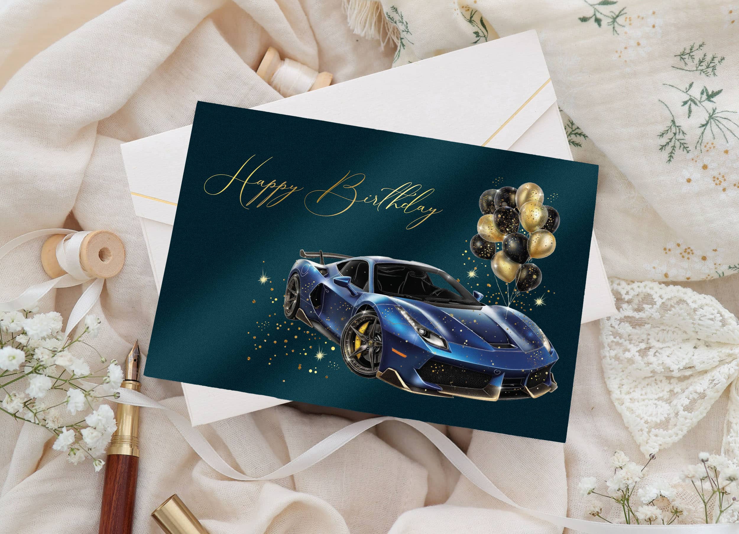 Geburtstagskarte STARDUST Supercar mit Kuvert und Siegel