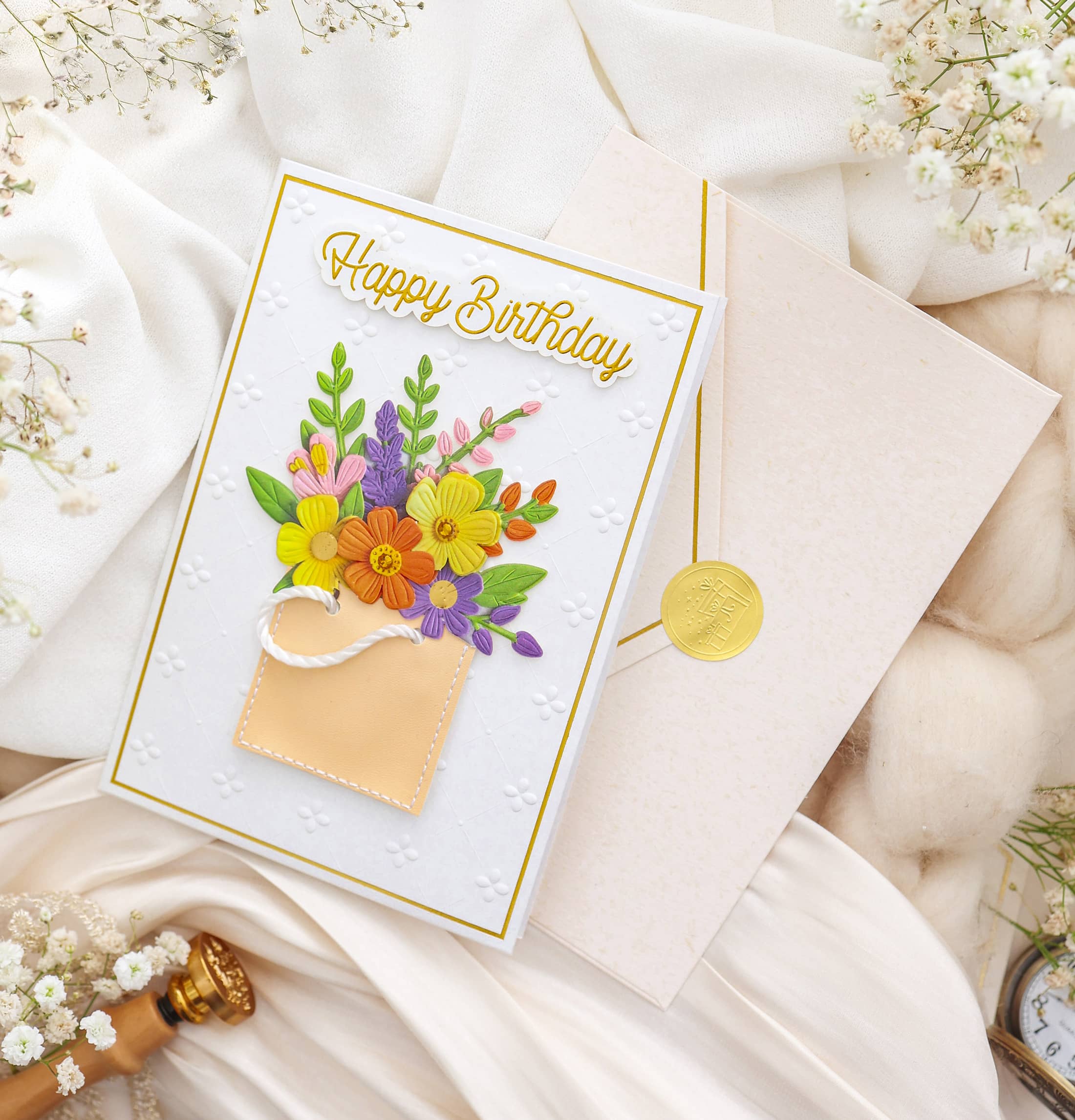 Happy Birthday Geburtstagskarte Signature mit 3D-Layer-Optik, Goldveredelung und FinePaper-Umschlag – edle Karte zum Geburtstag