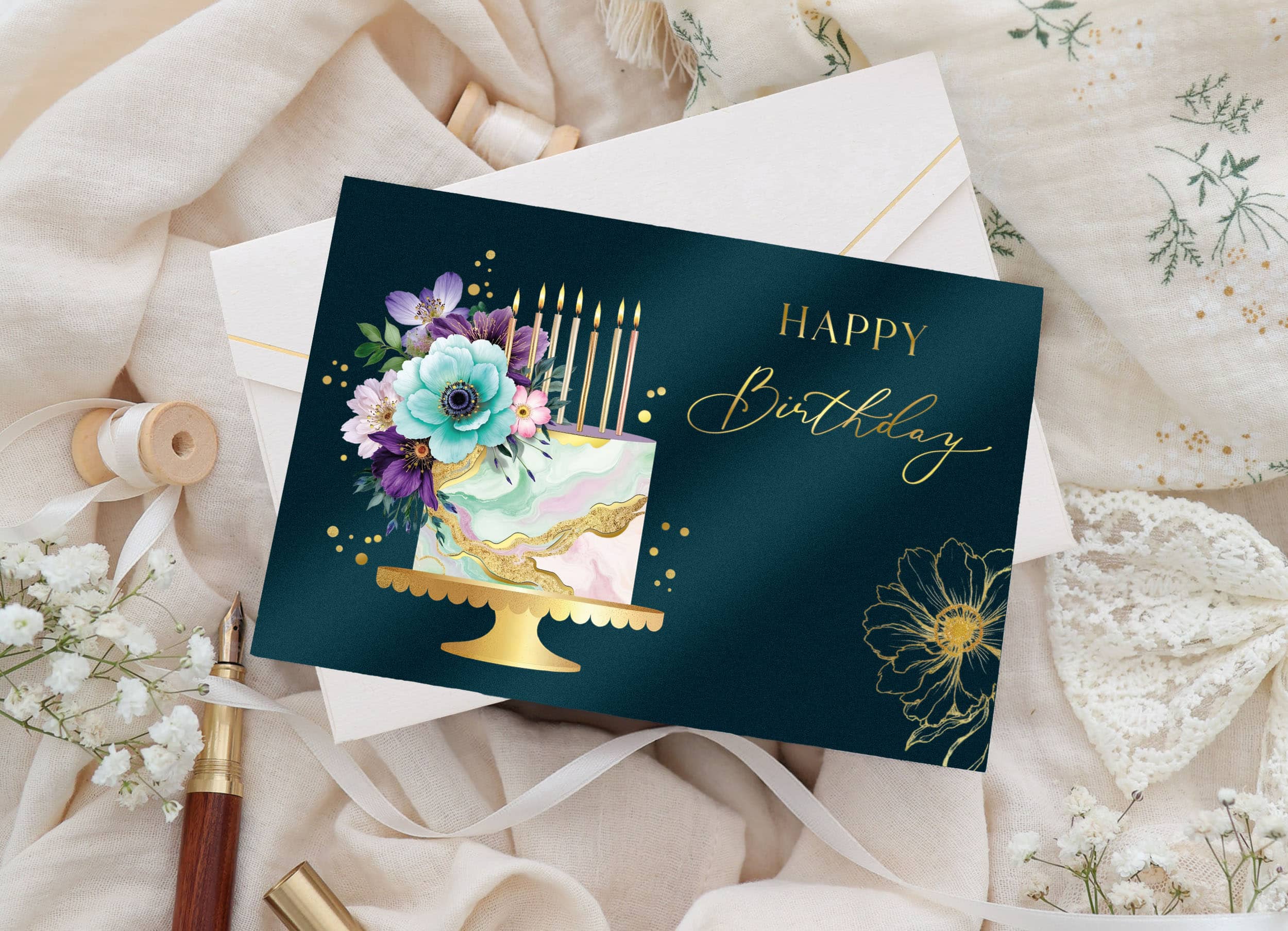 Geburtstagskarte ELEGANT Marble Cake mit Kuvert und Siegel