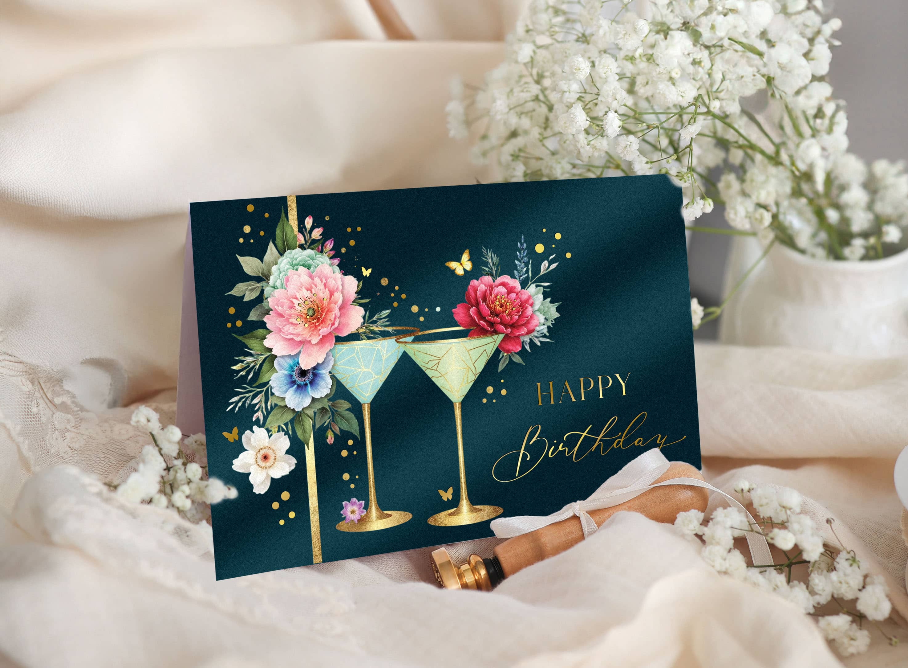 Elegante Geburtstagskarte Happy Birthday mit edlem Martini Motiv