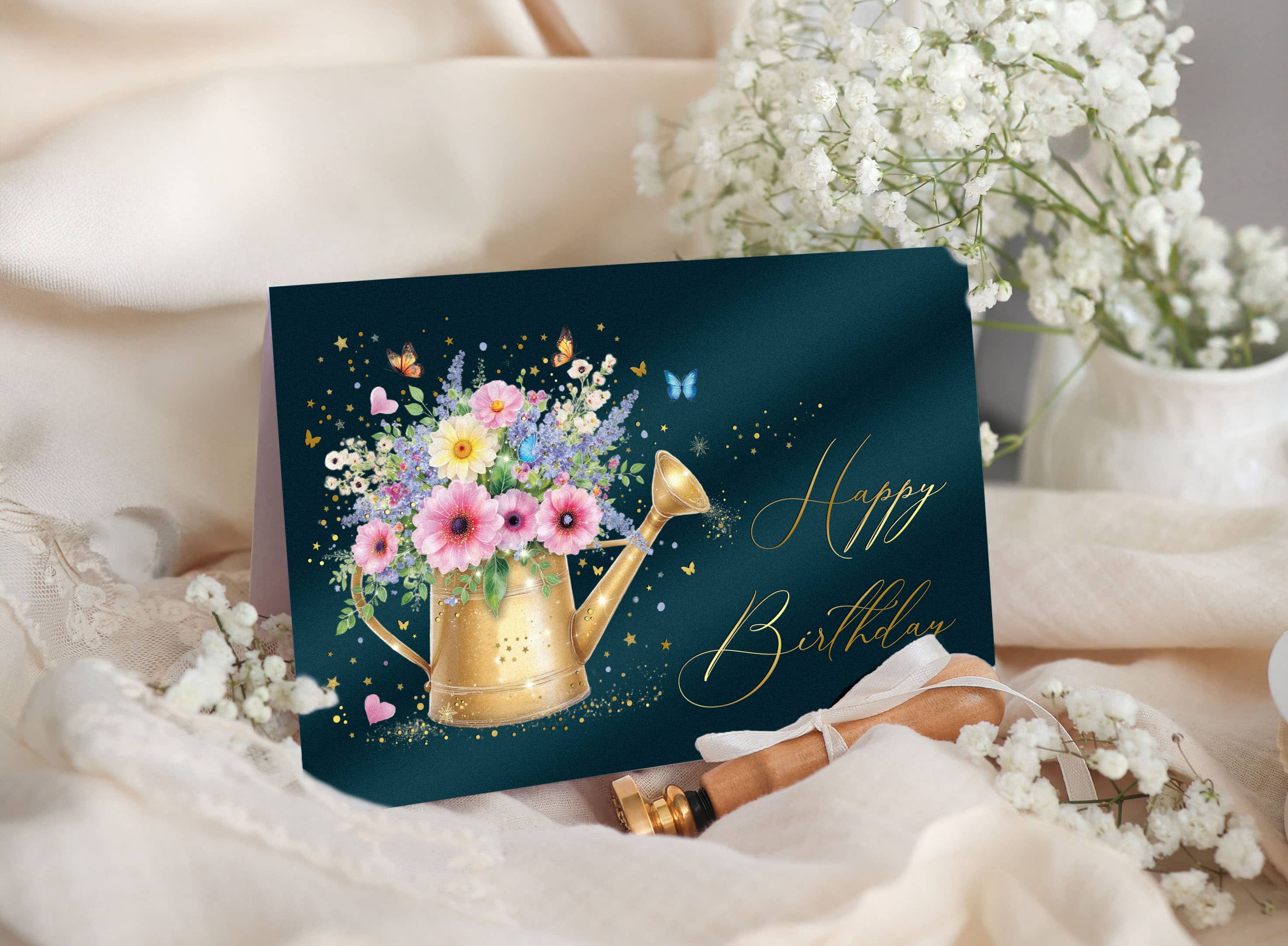 Geburtstagskarte STARDUST Gießkanne Geschenk mit Kuvert und Siegel JoliCoon